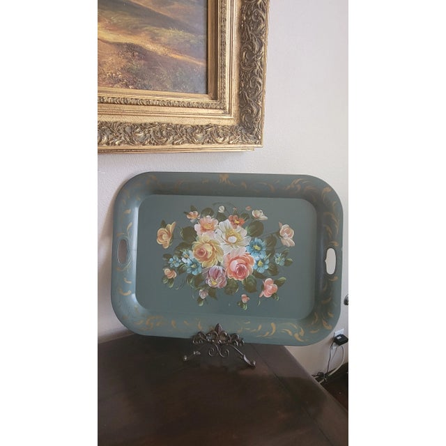 Vintage Hand Painted Olive Metal Tray For Sale - Image 12 of 12