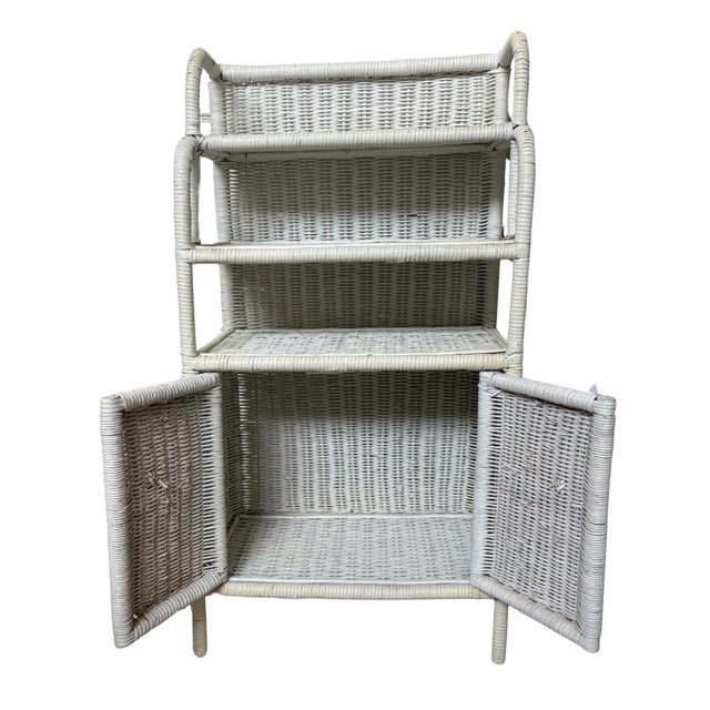 Shabby Chic Vintage White Wicker Étagère With Double Door Cabinet & Curved Frame For Sale - Image 3 of 12