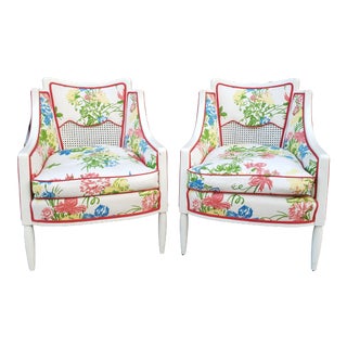 Vintage Hollywood Regency Style Barrel Back Painted Caned and Upholstered Armchairs - a Pair For Sale