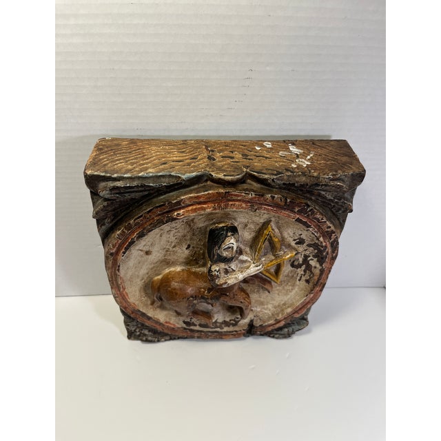 Gothic Vintage Verboan Hand Carved Wooden Zodiac Sagittarius Relief Wall Plaque For Sale - Image 3 of 7