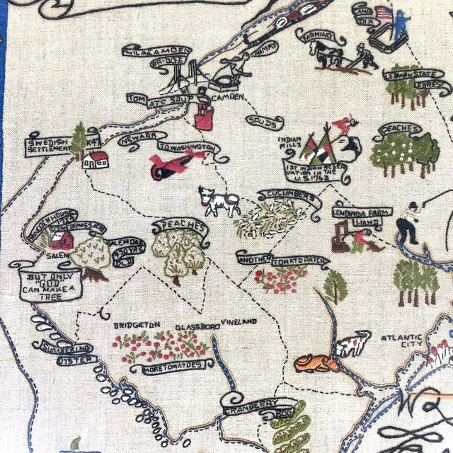 Beige 1937 Embroidered New Jersey Pictorial Map Bamberger Folk Art Textile Large 21.5x31.5” For Sale - Image 8 of 12