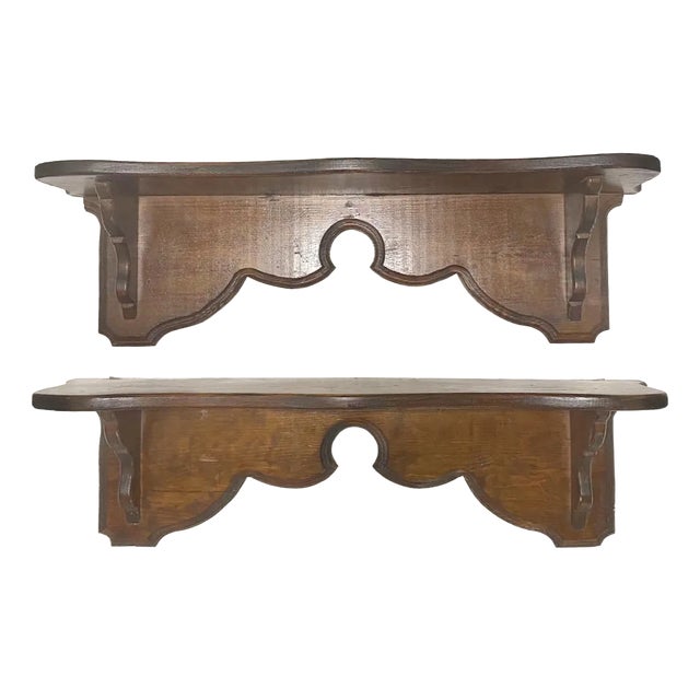 Antique Arts & Crafts Wall Shelves – Set of Two Matching Primitive Wood Brackets (1920s) For Sale