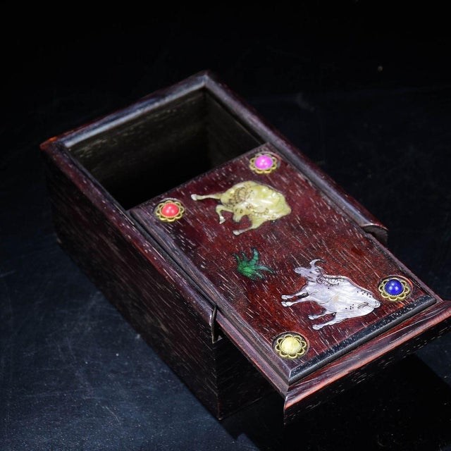 Vintage Chinese Zitan Wood Box With Mother of Pearl & Gemstone Inlay - Twin Oxen Motif For Sale - Image 4 of 9