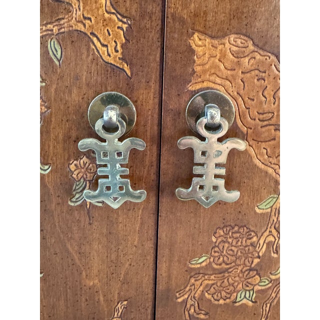 Mid-Century Modern 1970’s Asian Inspired Console Cabinet by Broyhill. Walnut With Decorative Brass Hardware. For Sale - Image 3 of 11