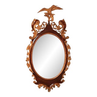 Antique Chippendale Style Mahogany and Giltwood Mallard Duck Oval Wall Mirror For Sale