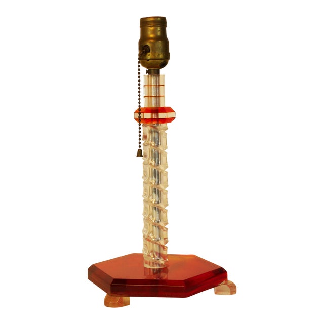 Mid Century Red & Clear Swirl Lucite Table Lamp For Sale