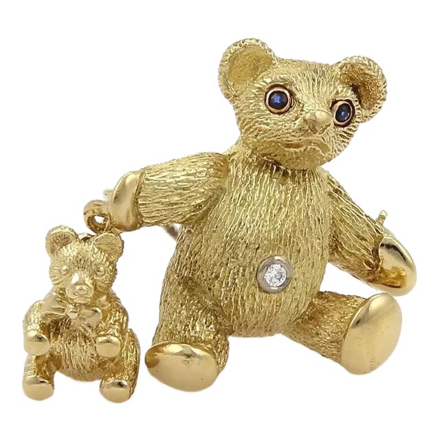 Tiffany & Co. Diamond Sapphire 18k Gold Mother & Little Bear Pin Brooch For Sale
