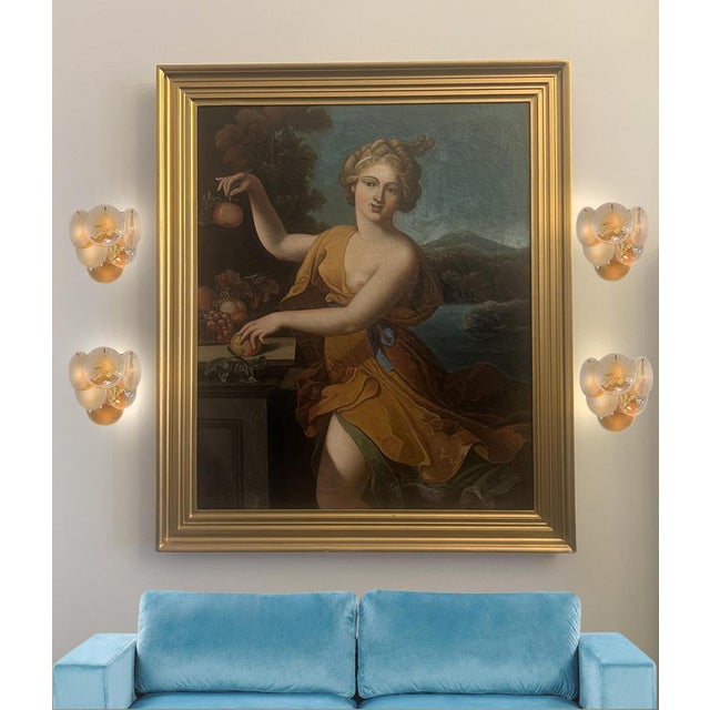 Two Vintage Italian Murano sconces. Wall lights have 6 glass for each, gold alabaster glasses. Nickel metal frame. Period:...