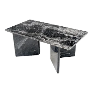 Italian Black Marble Top Double Pedestal Base Rectangle Coffee Table