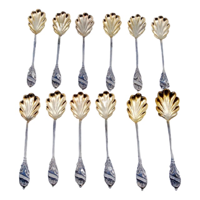 Silver Coffee Spoons with Golden Shell and Floral Handle Reliefs, Set of 12 For Sale