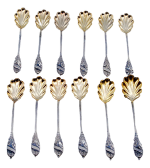 Silver Coffee Spoons with Golden Shell and Floral Handle Reliefs, Set of 12