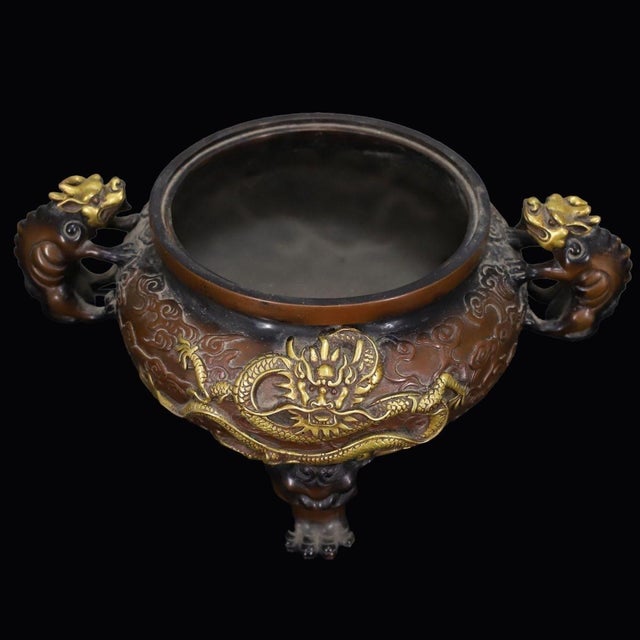 This is a monumental vintage gilt bronze censer, also known as an incense burner. The piece features a domed lid topped...