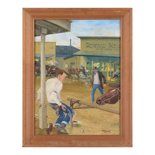 "Sundown" Western Shoot Out, Mid Century Figurative Action Scene by Randy Steffen For Sale