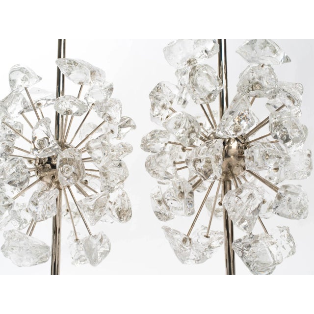 Pair of hand torched glass Sputnik lamps. Solid nickel-plated brass hardware with a three-way switch. One of a kind....