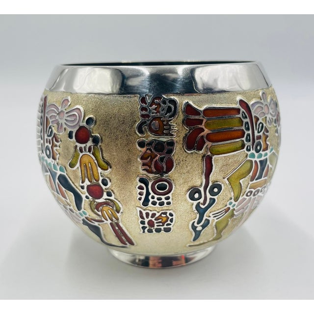 Mid-Century Modern 1960s Miguel Pineda Silver-Plated Enamel Bowl With Mayan Motifs, Taxco Mexico For Sale - Image 3 of 16