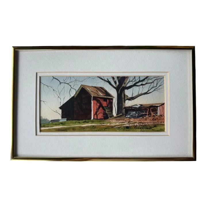Original Watercolor Painting of a Red Barn on a Farm | Chairish