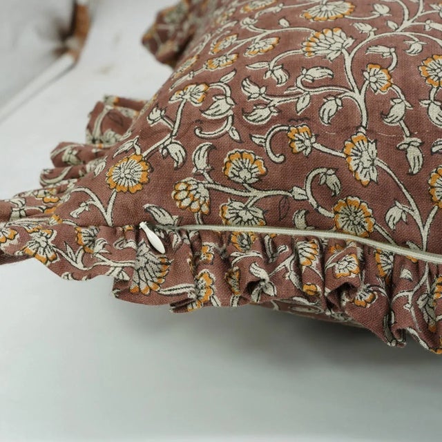 Fabdivine Elegant Block Printed Frill Cushion 26x26 Inch Pure Linen- Himachal For Sale - Image 4 of 5
