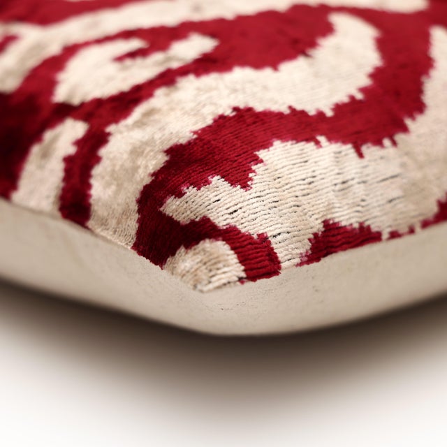 Champagne Hand-Knotted Silk Velvet Ikat Pillow - 16x16 Crimson & Champagne Heritage For Sale - Image 8 of 8