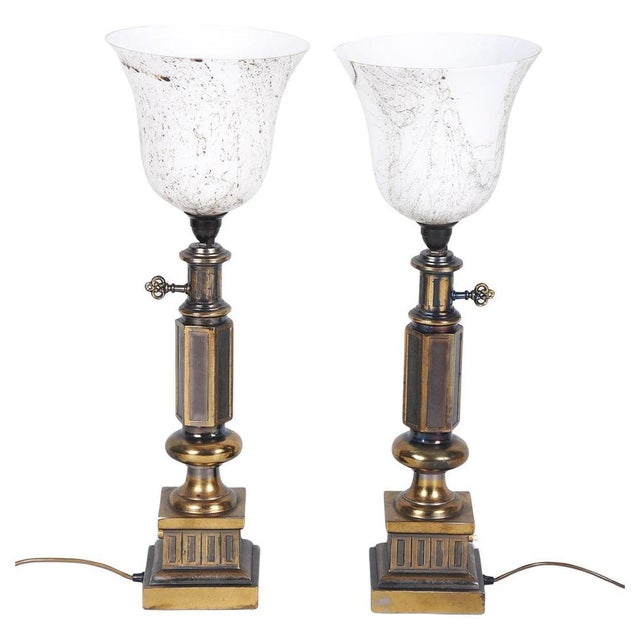 Mid-Century Table Lamps in Brass and Marble Glass, France, 1950s, Set of 2 For Sale - Image 11 of 11