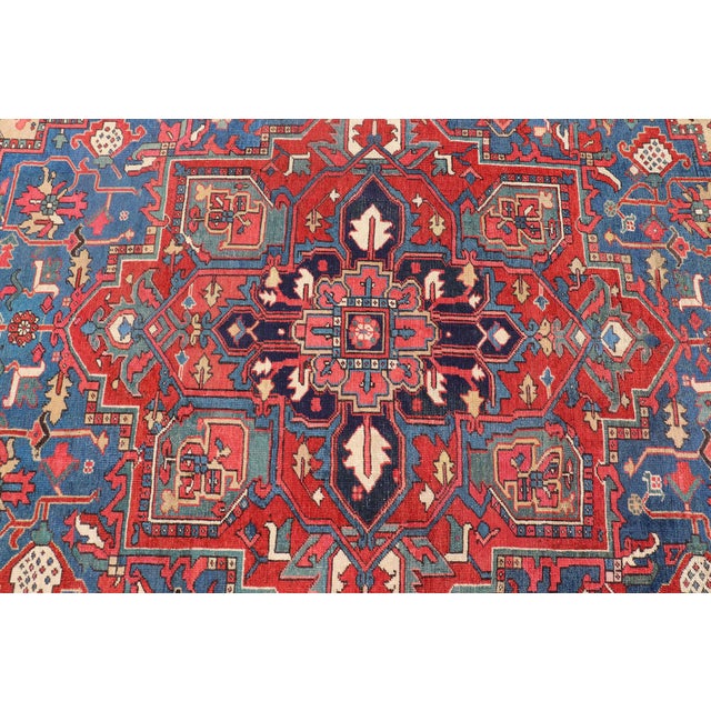 Blue Antique Persian Heriz Serapi Rug With Blue Field Geometric Medallion Design For Sale - Image 8 of 17