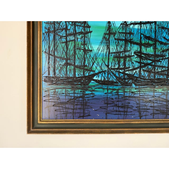 Wood 1970s Mid-Century Modern Harbor Boats Landscape Acrylic Painting on Board, Signed For Sale - Image 7 of 12