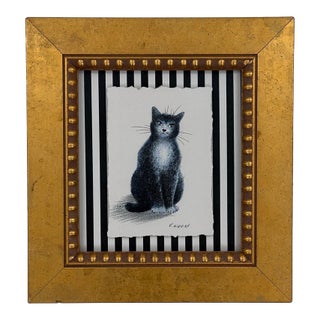 Original Black Cat Drawing on Paper in Gilt Frame For Sale