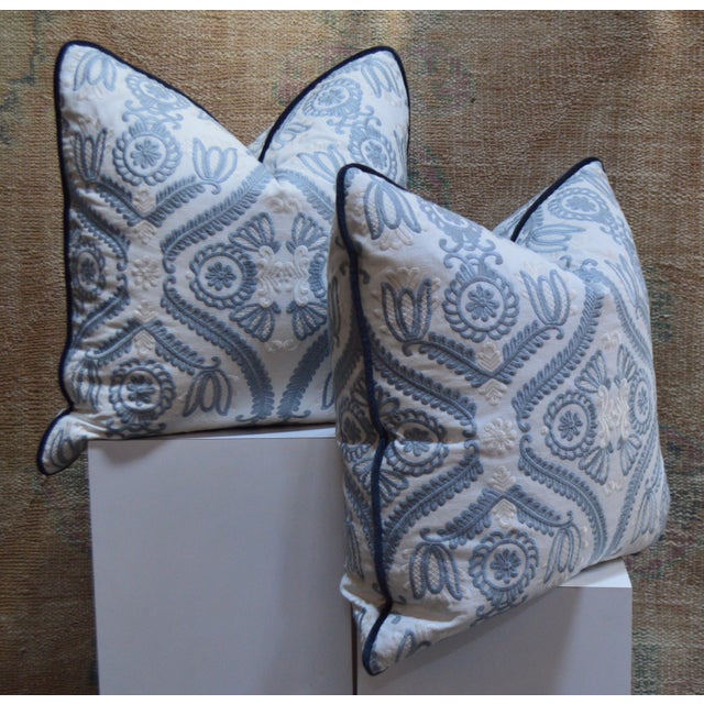 Newly fabricated classic blue and white damask design embroidery pillows. Zipper closure. Soft feather pillow forms...
