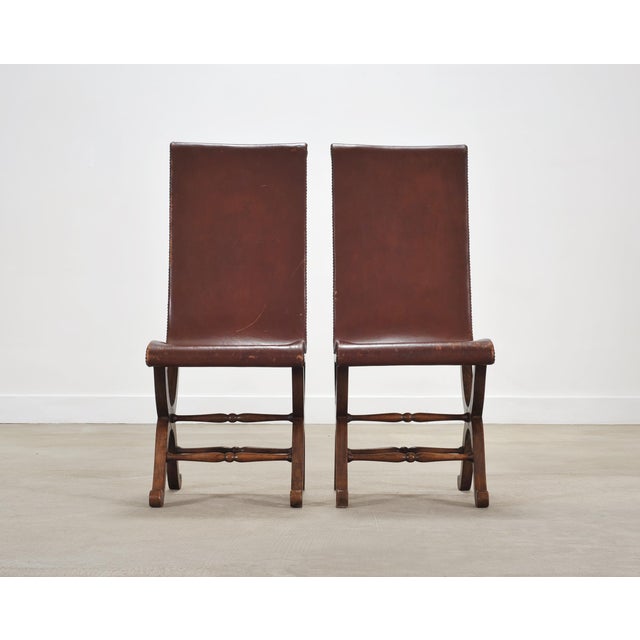 Set of Eight French Provincial Leather Oak Curule Dining Chairs For Sale In Sacramento - Image 6 of 18