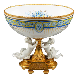 Late 19th Century Decortiche Continental Porcelain and Gilt Metal and Cherubs Compote Centerpiece