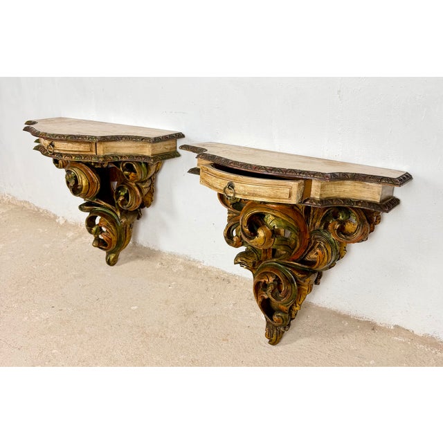 Mid 20th Century Pair of Italian Polychromed Wall Pedestals With Marble Tops, Mid-20th Century For Sale - Image 5 of 14
