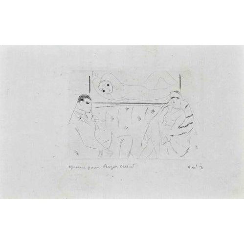 Waiting Room is an original etching and drypoint realized by Marcel Vertés. Good condition, signed by the artist. Glued on...