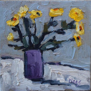 "Yellow Flowers With Purple Vase" Contemporary Still Life Oil Painting For Sale