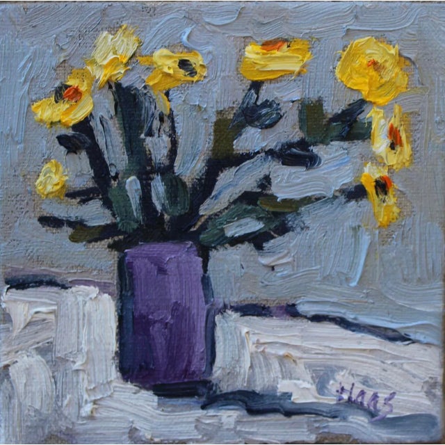 Yellow Flowers With Purple Vase, Oil Painting by L Haas For Sale