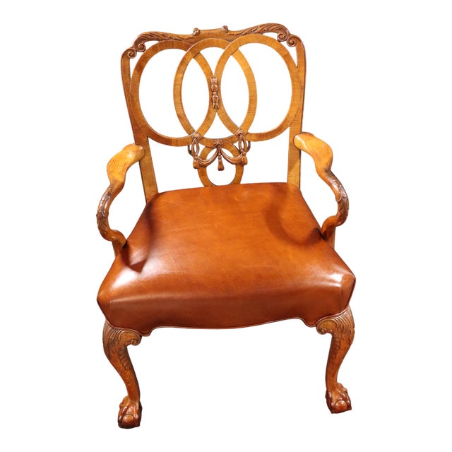 Early 20th Century Hand Carved Chair With Leather Upholstery For Sale