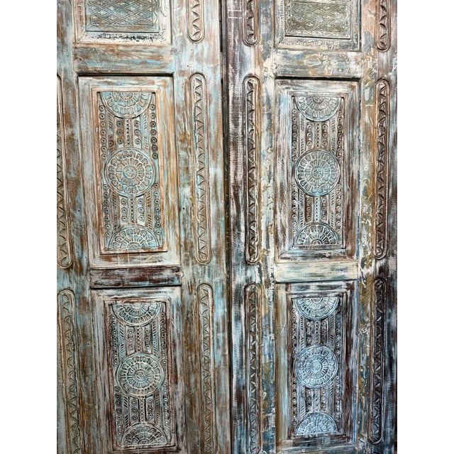 Antique Hand-Carved Distressed Blue Floral Door – Vintage Wooden Bedroom Entry Door 96x31.5 For Sale - Image 10 of 12