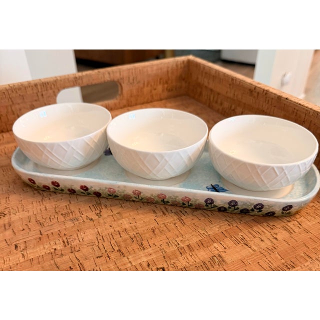 White 1990s Kathy Hatch Collection Hand-Painted Triple Bowl Serving Tray / Condiment Server For Sale - Image 8 of 9