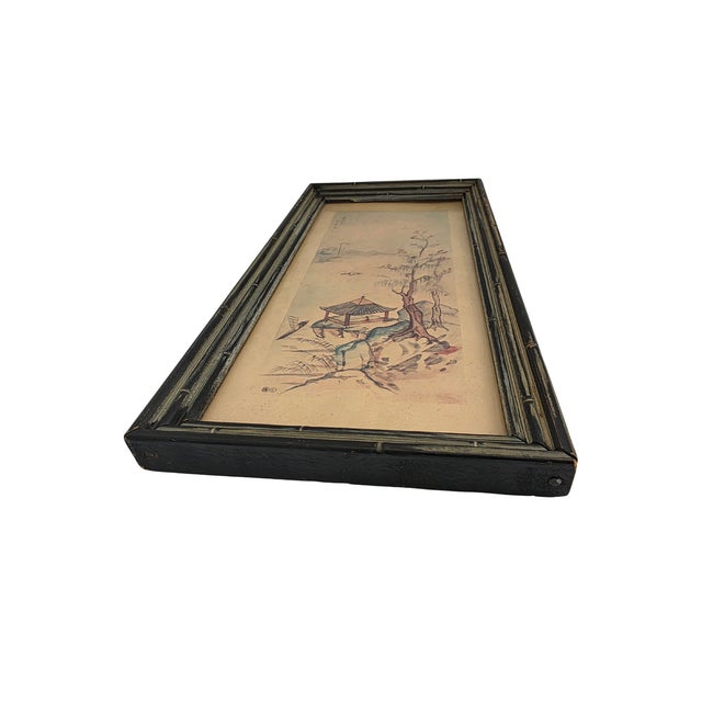 1950s Pair of Mid-Century Antique Japanese Landscape Watercolors - Ebonized Bamboo Framed For Sale - Image 5 of 15