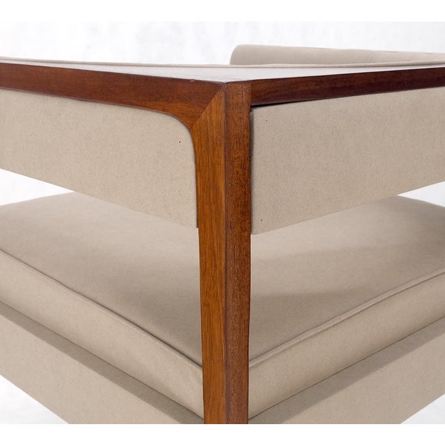 Pair New Alcantera Upholstery Walnut Cube Shape Barrel Back Lounge Chairs MINT! For Sale - Image 9 of 13