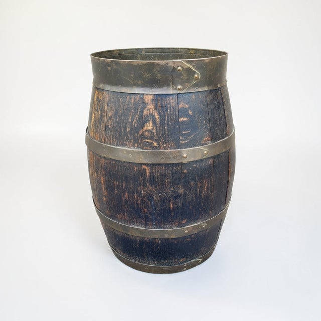 Antique Dutch Barrel Umbrella Stand in Aged Wood and Brass, 1890s For Sale - Image 9 of 10