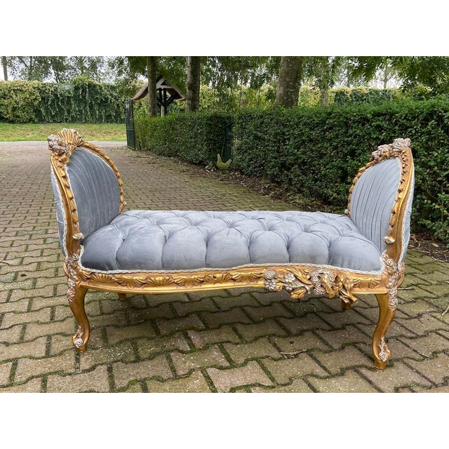 Late 20c French Louis XVI Gray Velvet Gold Settee 1 Pc For Sale - Image 9 of 13
