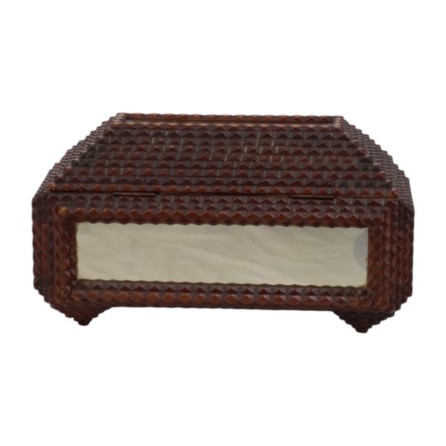 Brown Antique Folk Art Tramp Art Box with Mirrors, 1890s For Sale - Image 8 of 16