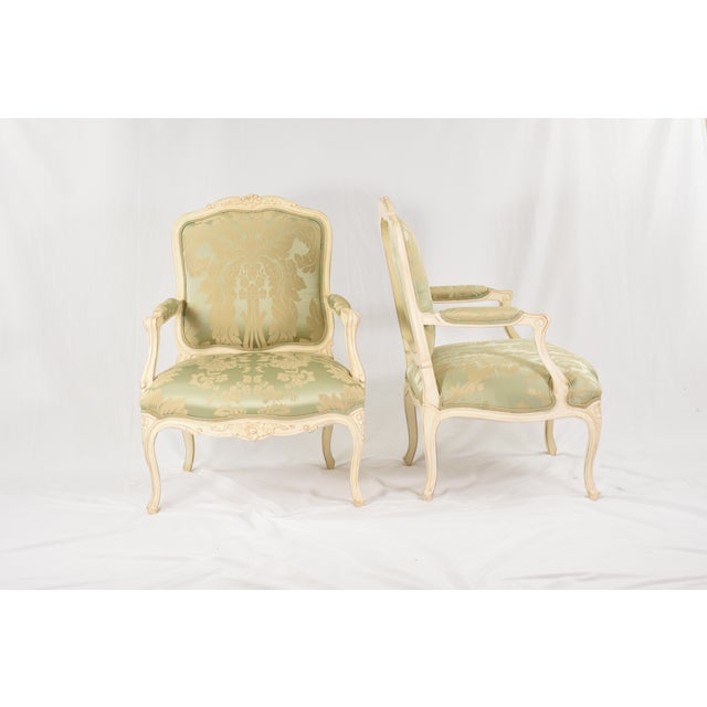 Scalamandré Silk Fauteuil Chairs, Louis XV Style, Painted Carved Frame, Restored Vintage Seating For Sale - Image 9 of 13