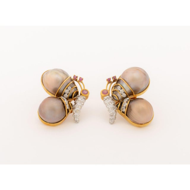18k Rose Gold Diamond, Ruby, and Pearl Butterfly-Form Earrings For Sale - Image 4 of 9