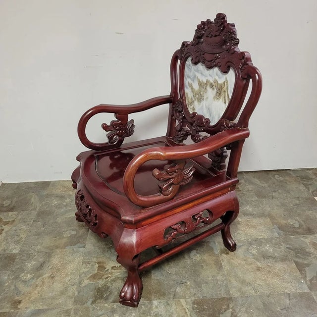 Chinese Vintage Chinese Carved Rosewood and Marble Chair For Sale - Image 3 of 11