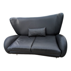 Vladimir Kagan Wingback American Leather Studio Fiftyish Black Leather Sofa Silver-Toned Feet