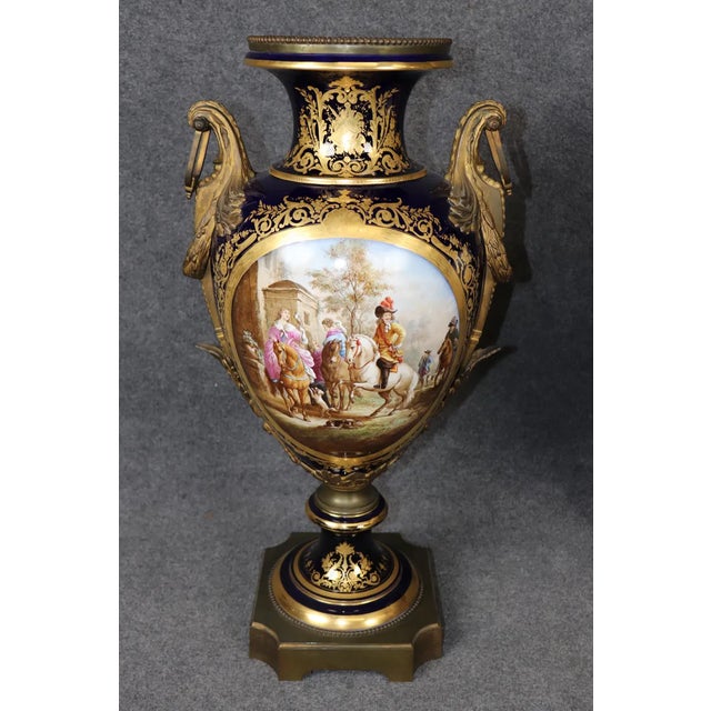 Early 19th Century Palatial 19th Century French Cobalt Blue Porcelain Vases - Attributed to Sèvres (Pair) For Sale - Image 5 of 15