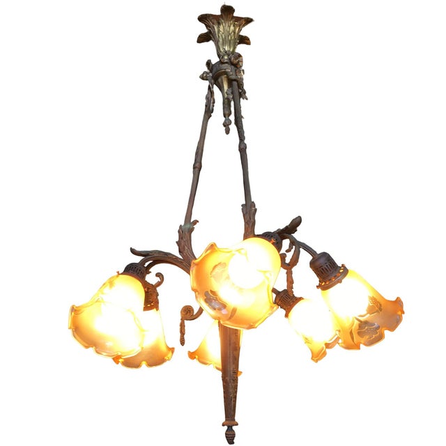 1900s Louis XVI Style Scrolling Bronze Belle Époque Six-Light Chandelier W/ Shades For Sale - Image 4 of 15