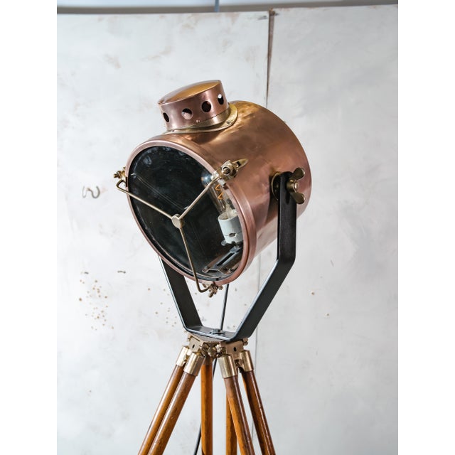 Searchlight Spotlight Floor Lamp in Copper and Brass on Wooden Tripod by Francis Bolton, 1930s For Sale - Image 11 of 18