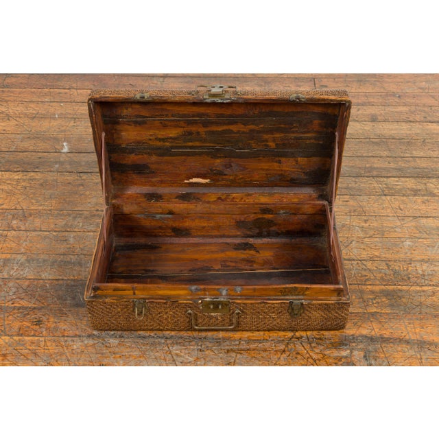 Wood Indian Vintage Bamboo and Woven Rattan Suitcase with Brass Hardware For Sale - Image 7 of 13