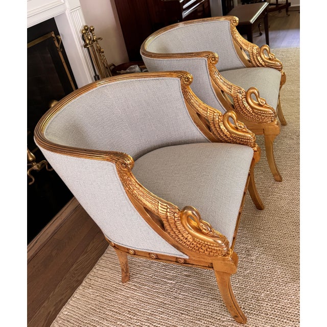 Pair of Mid 20th Century French Empire Style Barrel-Back Carved and Gilt Chairs For Sale In New York - Image 6 of 10